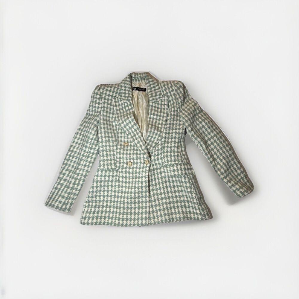 Zara Women Small Green Houndstooth Double Breasted Blazer Gold Button Jacket